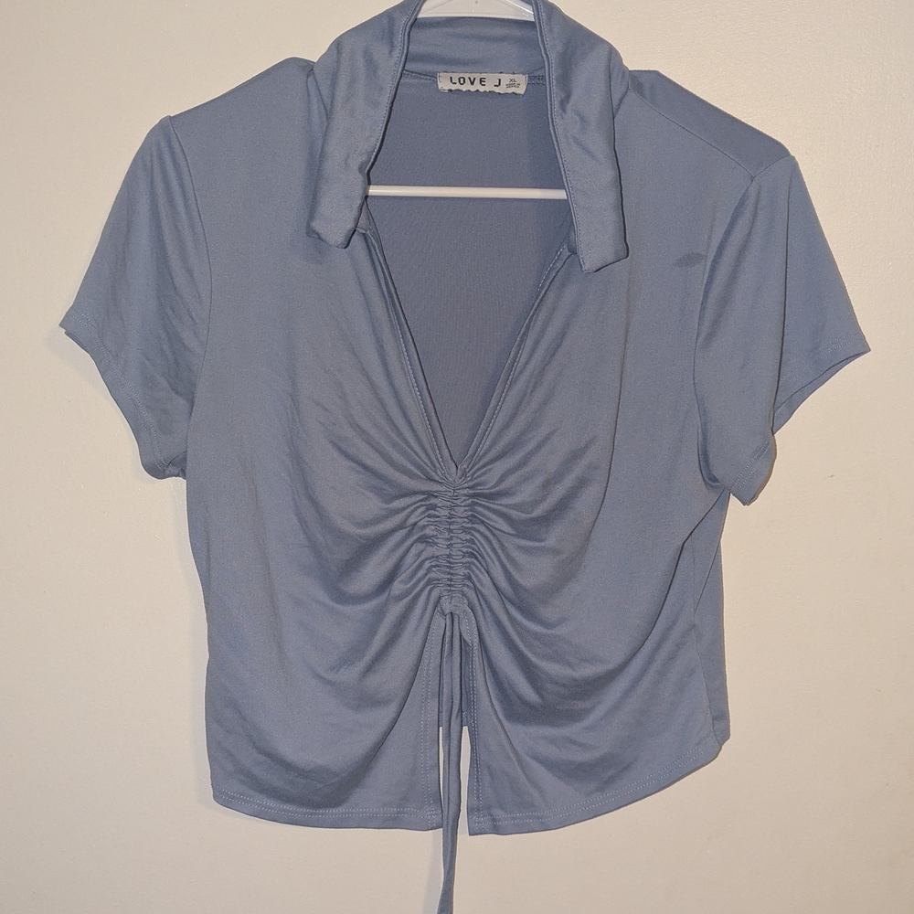 Love J Blue Gray Ruched Crop Blouse